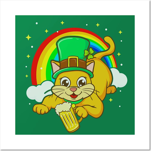 St Patricks Day Irish Leprechaun Cat Beer Funny Humor Wall Art by E